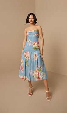 Hemant And Nandita | Kavi Linen Cotton Ruched Midi Dress | Pink Blue Multi