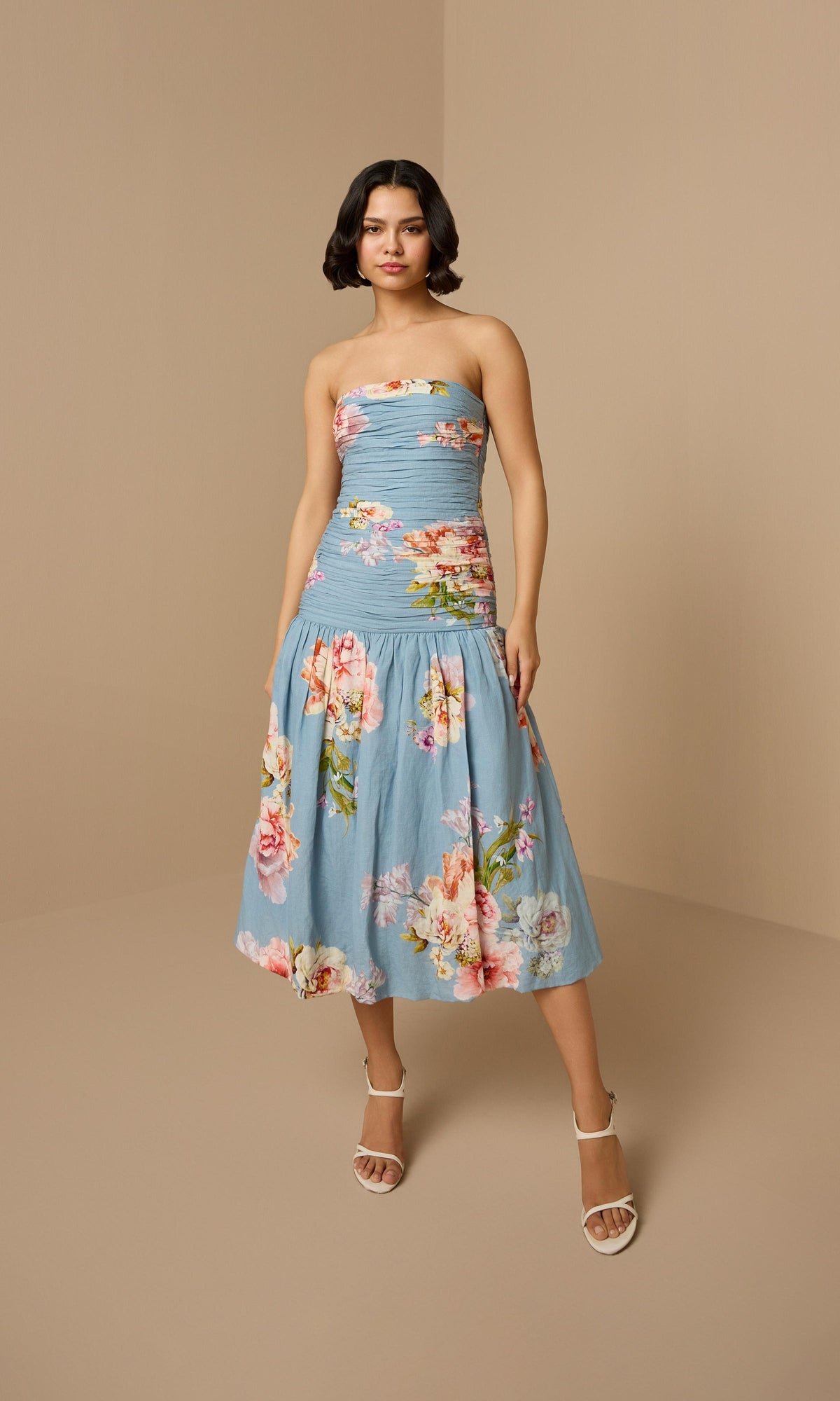 Hemant And Nandita | Kavi Linen Cotton Ruched Midi Dress | Pink Blue Multi
