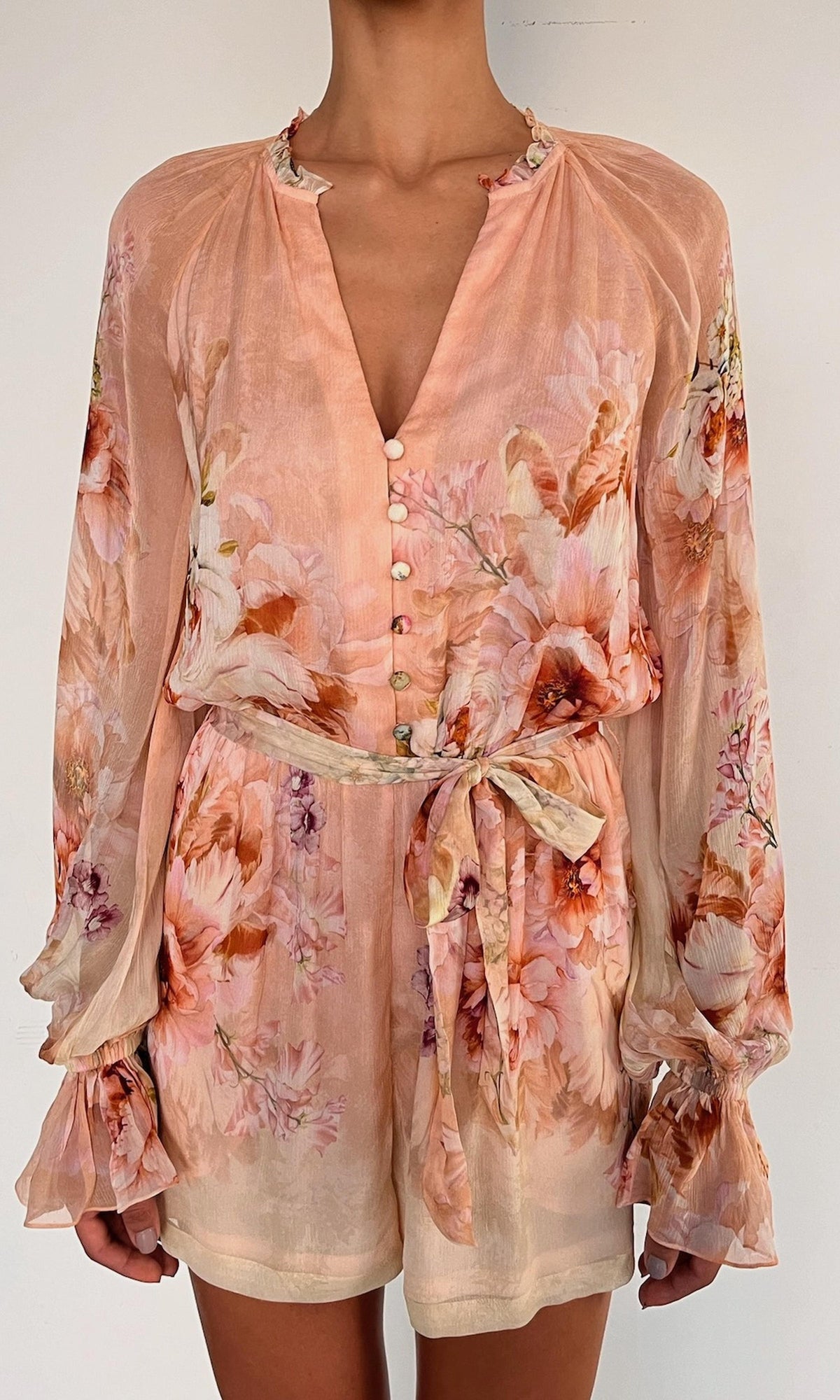 Womens | Kavi Viscose Crinkle Chiffon Romper With Tie Belt | Coral