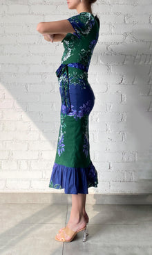 Hemant And Nandita | Keva Cotton Linen Lycra Midi Dress With Tie Up Belt | Green Blue