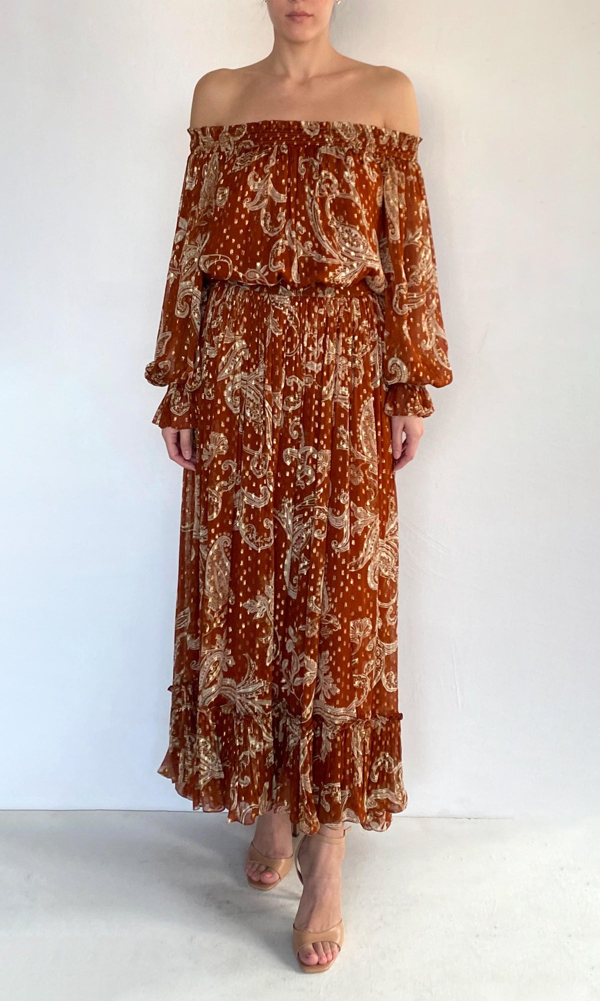 Hemant And Nandita | Leya Viscose Chiffon Gold Lurex Smocked Off Shoudler Top | Multi
