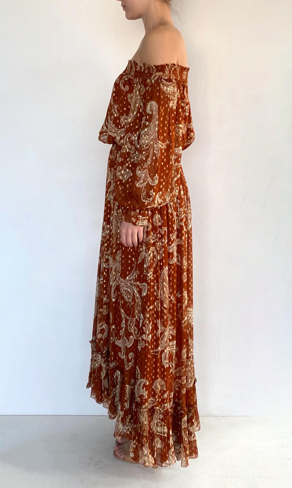 Hemant And Nandita | Leya Viscose Chiffon Gold Lurex Smocked Off Shoudler Top | Multi