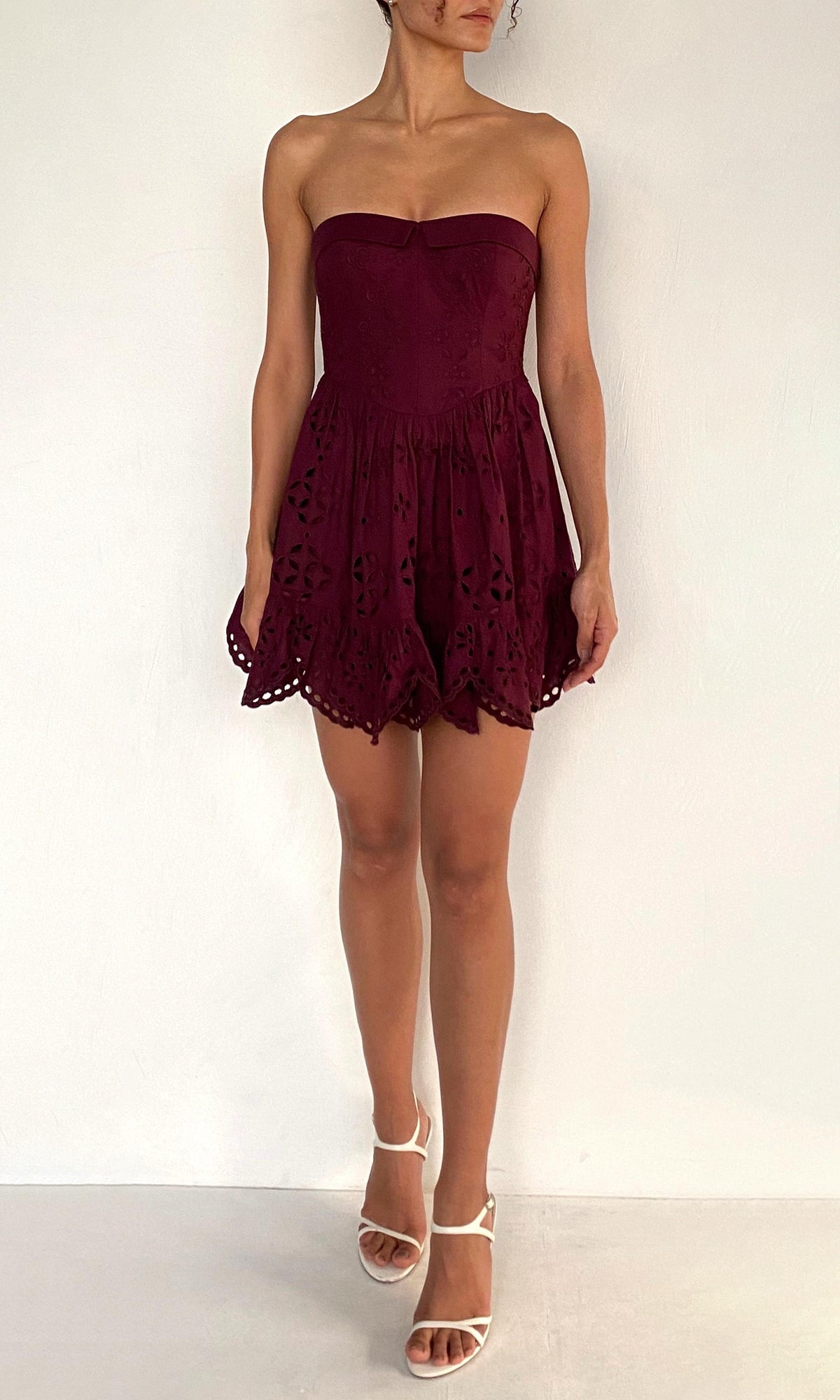 Hemant And Nandita | Mahi Cotton Schiffli Strapless Short Dress | Burgundy