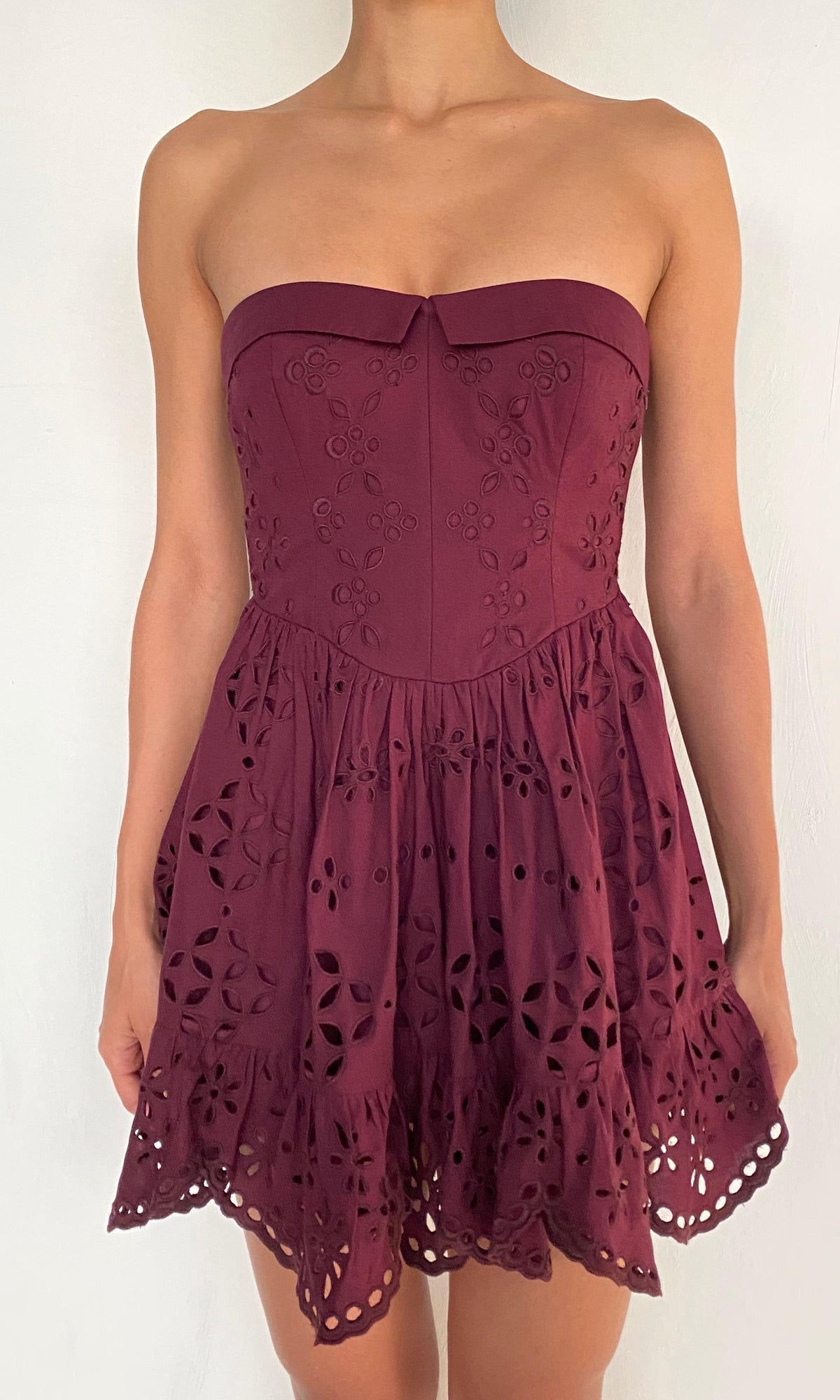 Hemant And Nandita | Mahi Cotton Schiffli Strapless Short Dress | Burgundy