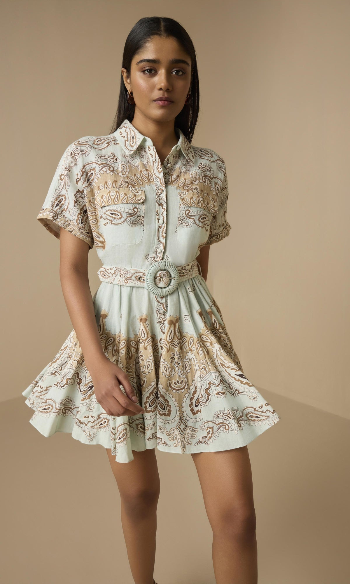 Hemant And Nandita | Navi Linen Cotton Short Dress With Tie Up Belt | Blue Brown