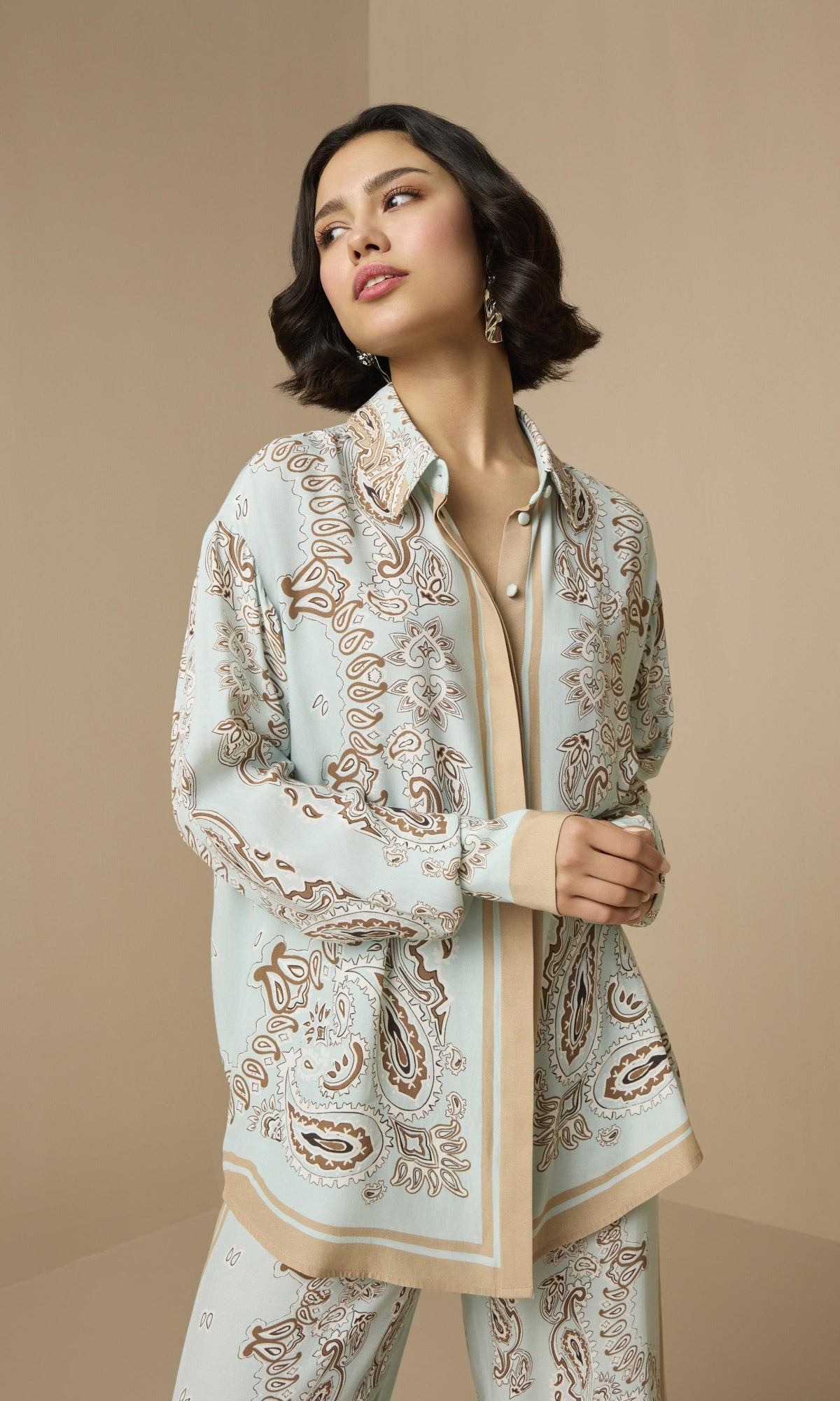 Womens | Navi Viscose Heavy Crepe Oversized Shirt | Blue Brown