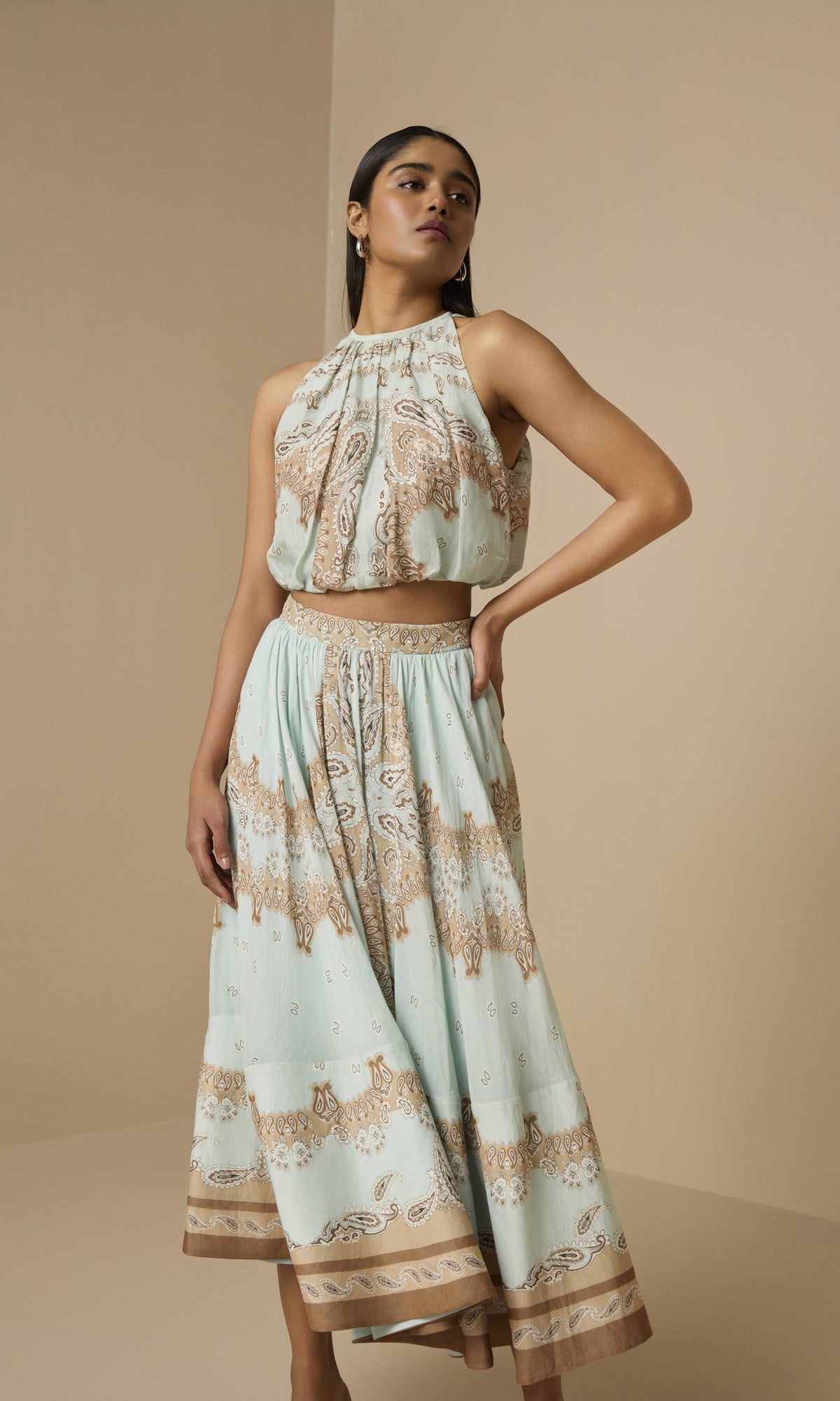 Hemant And Nandita | Navi Viscose Organza Linen Midi Skirt | Blue Brown