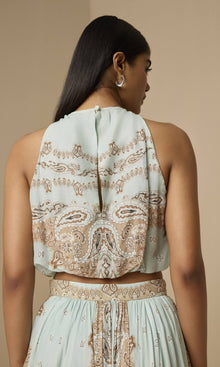 Hemant And Nandita | Navi Viscose Organza Linen Midi Skirt | Blue Brown