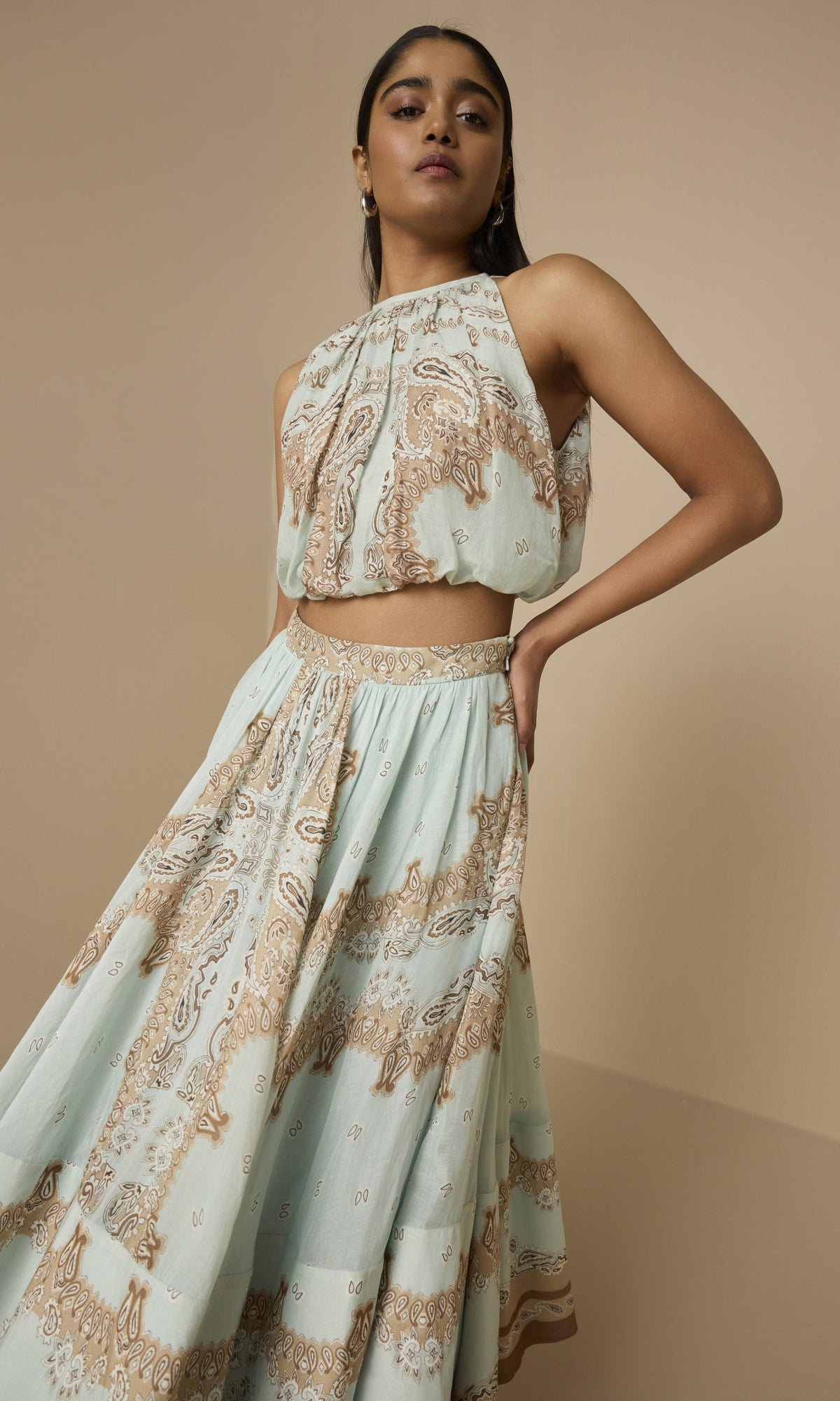 Hemant And Nandita | Navi Viscose Organza Linen Midi Skirt | Blue Brown