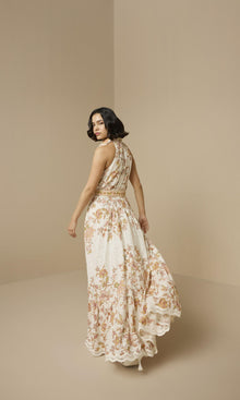 Hemant And Nandita | Niti Cotton Schiffly Long Shirt Dress With Buckle Belt | White Floral