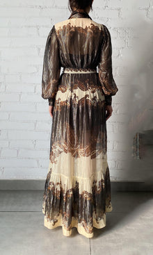 Hemant And Nandita | Omya Viscose Georgette Stripe Lurex Long Shirt Dress With Buckle Belt | Beige/Orange