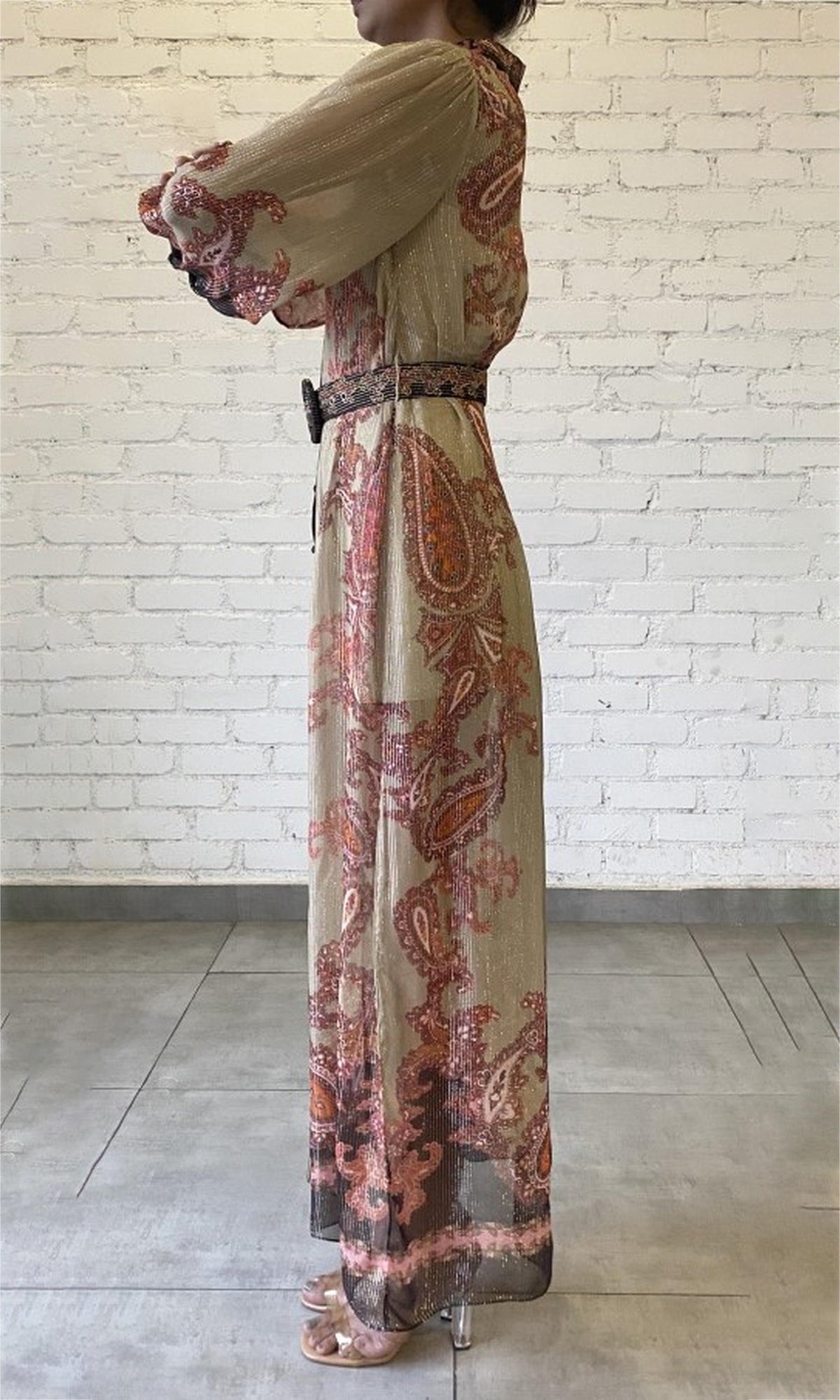 Hemant And Nandita | Omya Viscose Georgette Stripe Lurex Shirt Dress With Slip And Belt | Beige/Orange Multi