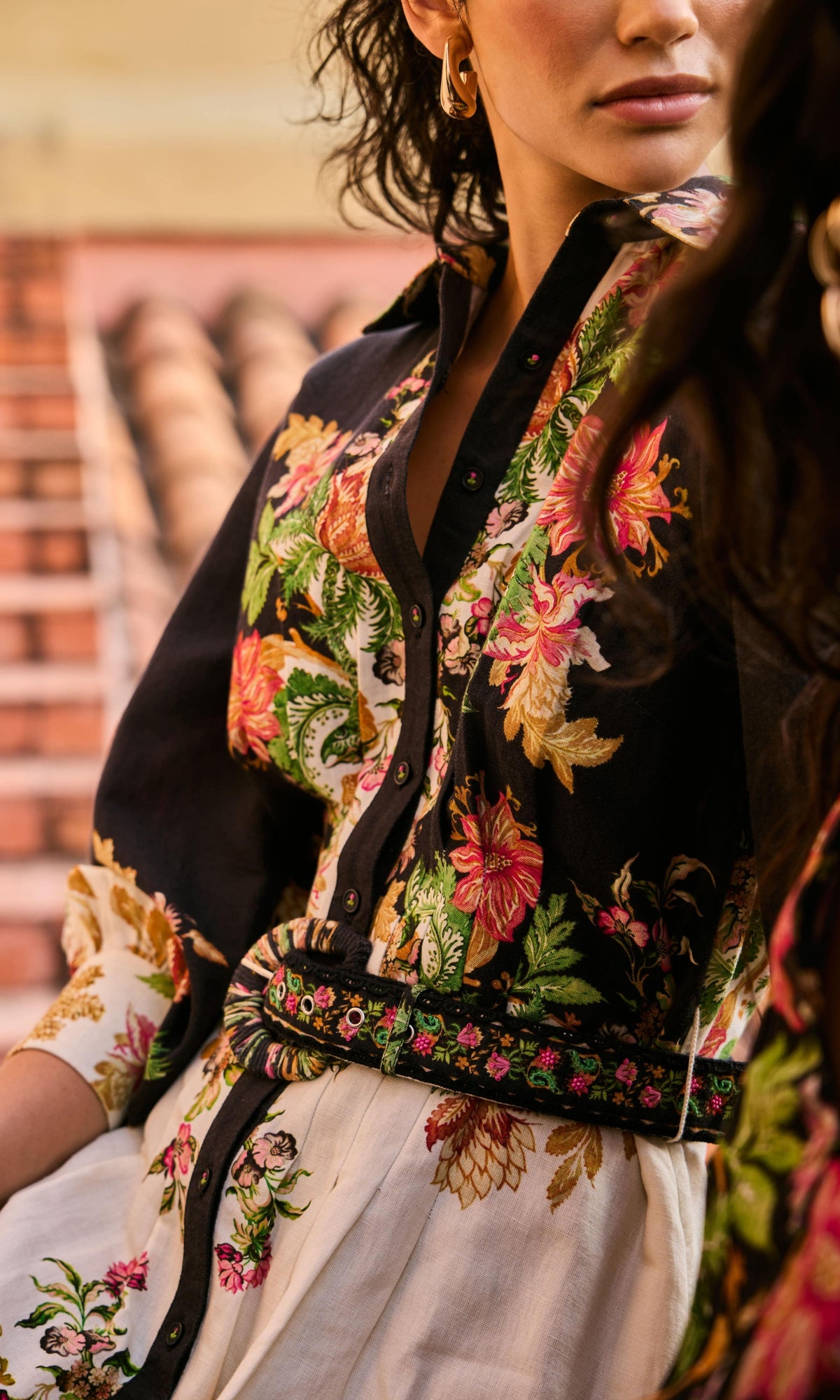 Hemant And Nandita | Pahi Linen Cotton Long Shirt Dress With Handcrafted Button And Buckle Belt | Black Offwhite Floral