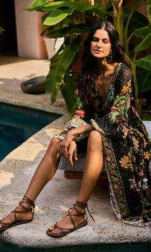 Hemant And Nandita | Pahi Viscose Georgette Gold Dobby Long Dress With Tie Up Tassels | Black Offwhite Floral
