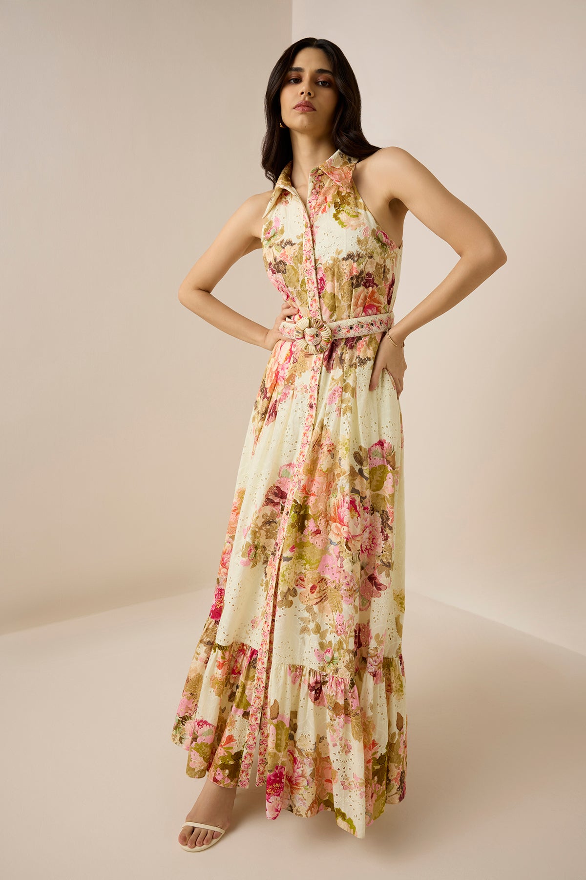 Long Shirt Dress With Buckle Belt | Ivory Mix