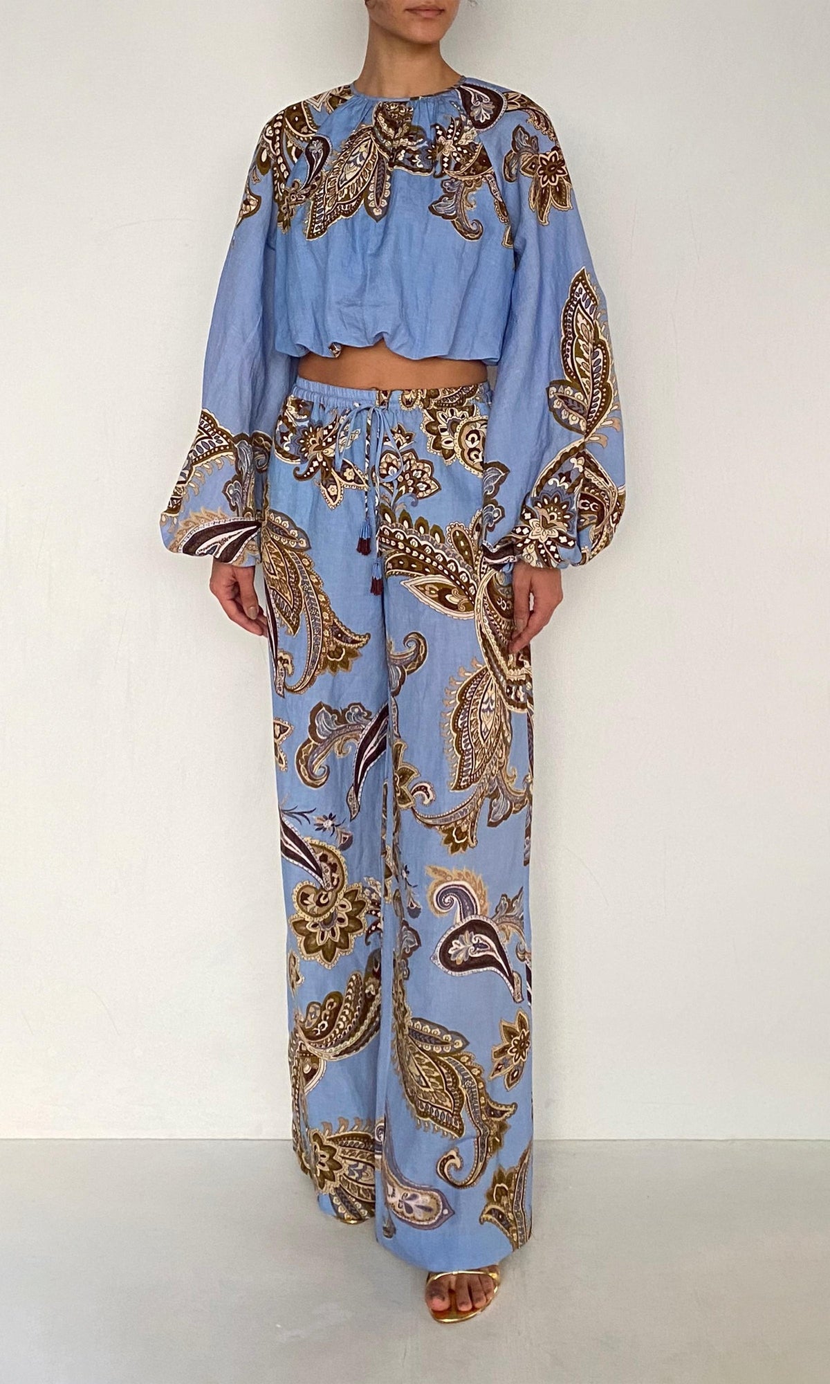Hemant And Nandita | Saya Linen Cotton Bubble Hem Top | Cornflour Blue