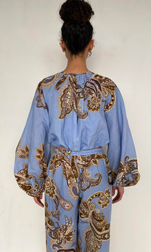 Hemant And Nandita | Saya Linen Cotton Bubble Hem Top | Cornflour Blue