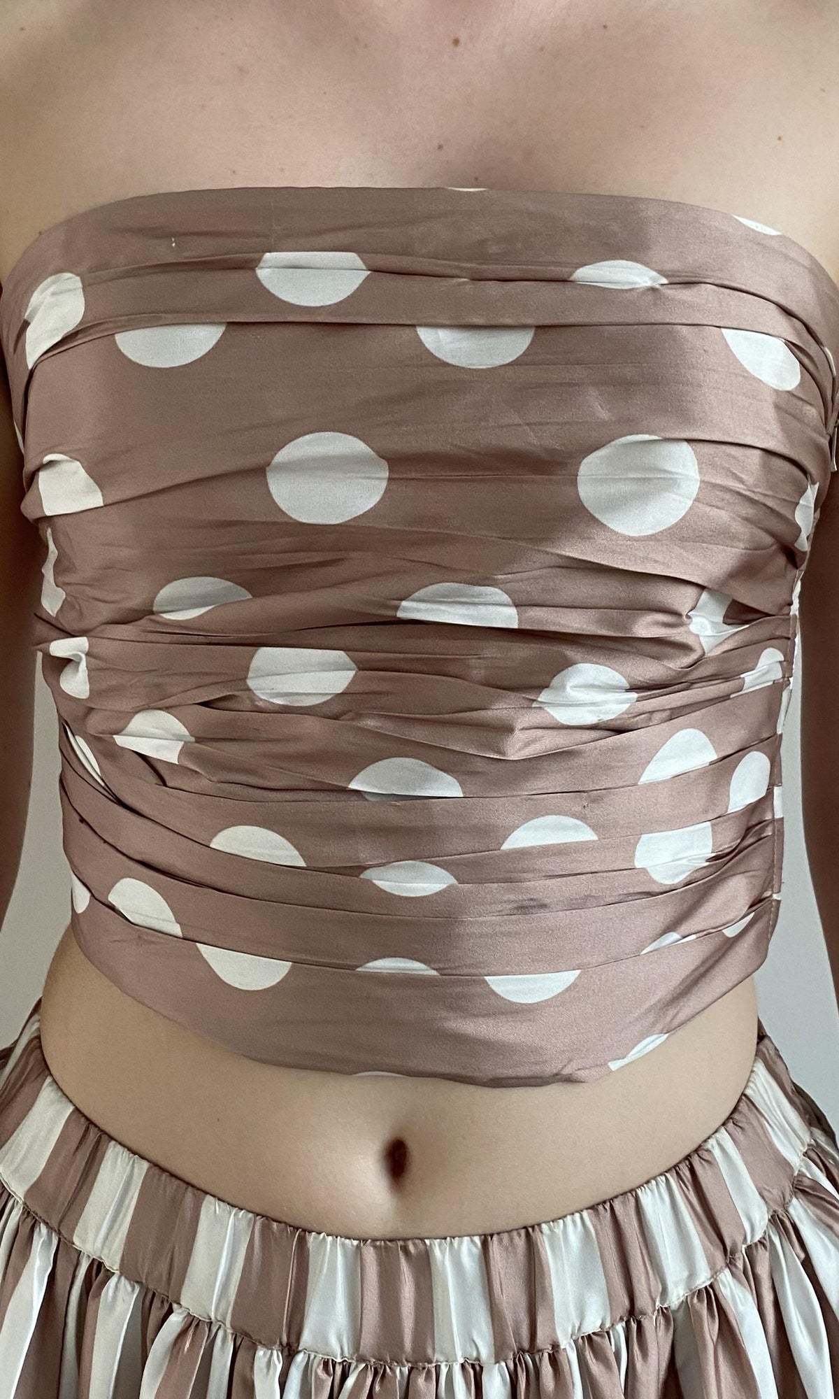 Hemant And Nandita | Tira Polyester Taffeta Off Shoulder Ruched Top | Brown White