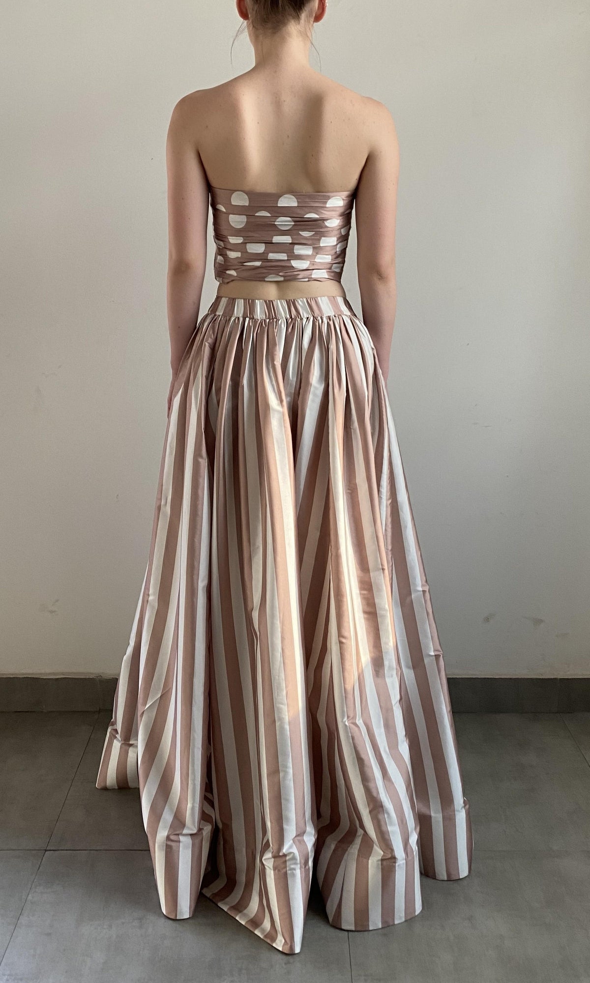 Hemant And Nandita | Tira Polyester Taffeta Off Shoulder Ruched Top | Brown White