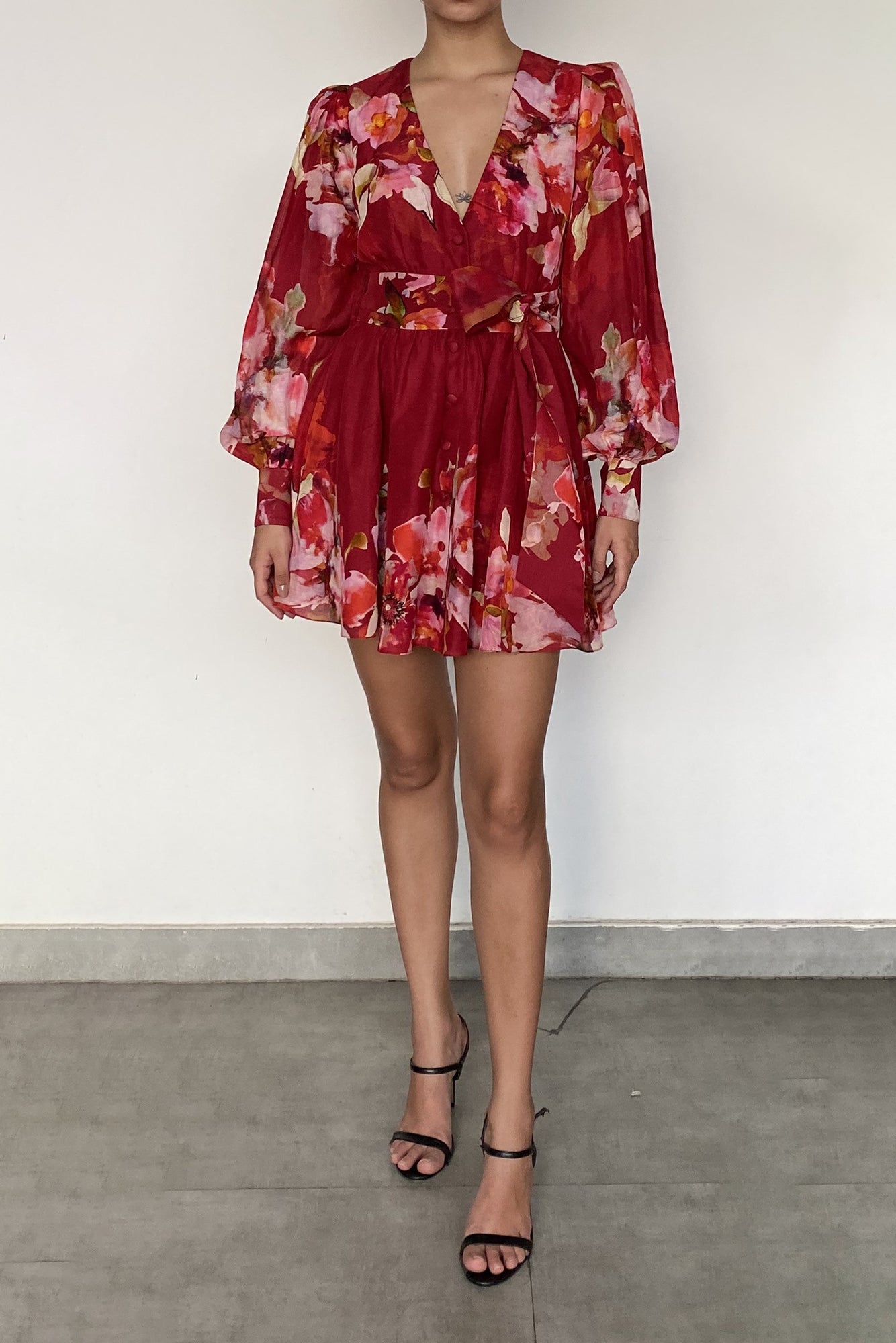 Short Dress With Tie Up Belt | Burgundy Mix