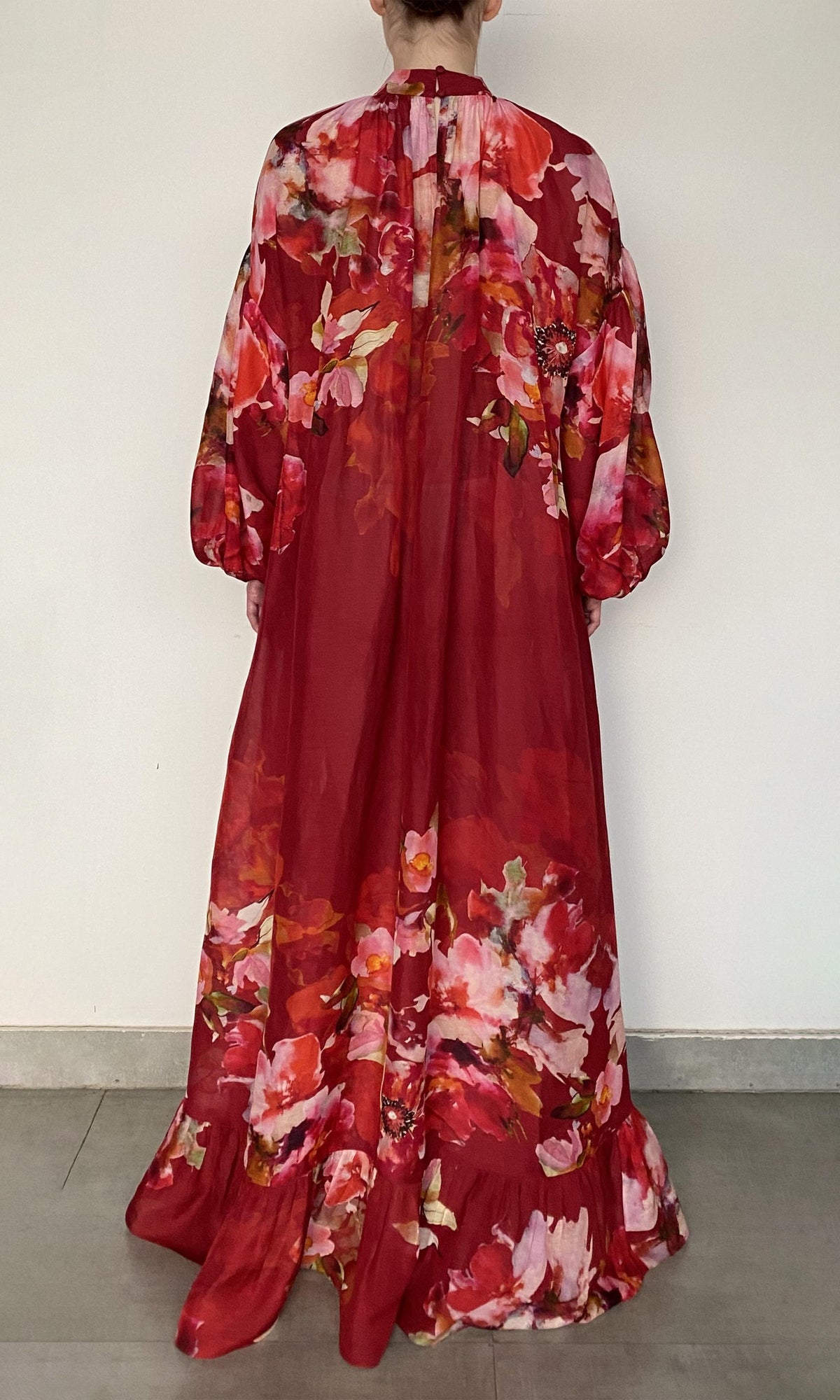 Hemant And Nandita | Tuhi Viscose Linen Organza High Low Long Dress With Braided Belt And Slip | Burgundy Multi