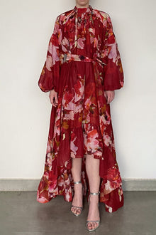 High Low Long Dress With Tie-Up Belt And Slip | Burgundy Mix