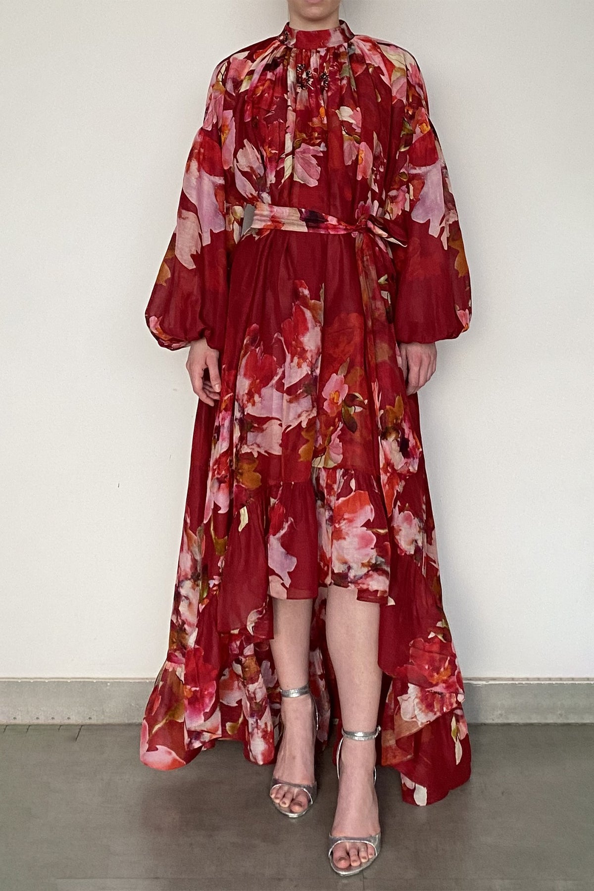 High Low Long Dress With Tie-Up Belt And Slip | Burgundy Mix