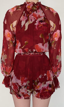Hemant And Nandita | Tuhi Viscose Crinkle Chiffon Romper | Burgundy Multi