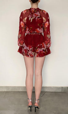 Hemant And Nandita | Tuhi Viscose Crinkle Chiffon Romper | Burgundy Multi