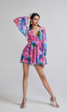 Hemant And Nandita | Vesa Viscose Crinkle Chiffon Short Dress | Multicolor