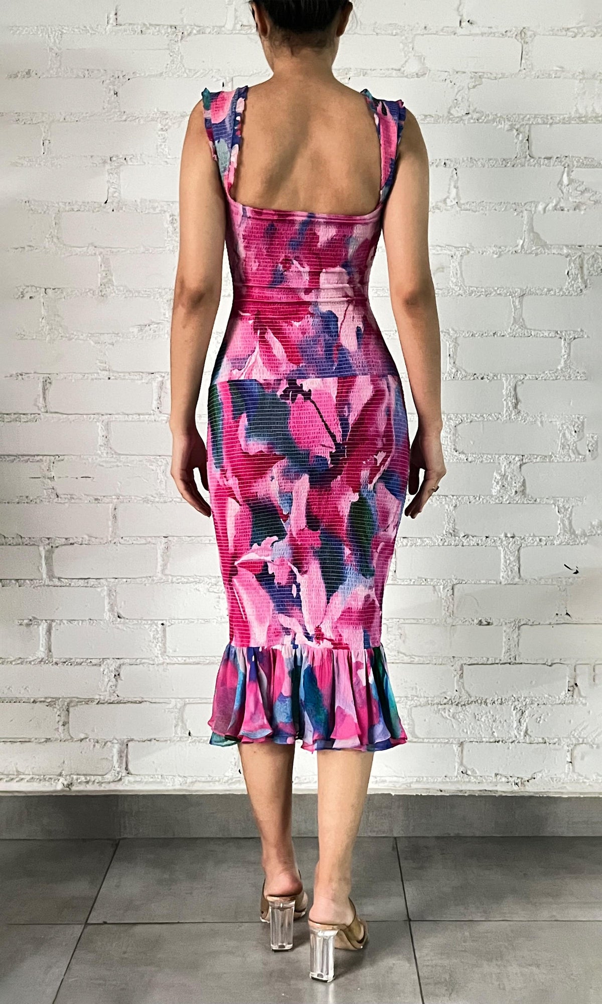 Hemant And Nandita | Vesa Viscose Georgette Midi Dress | Pink Multi