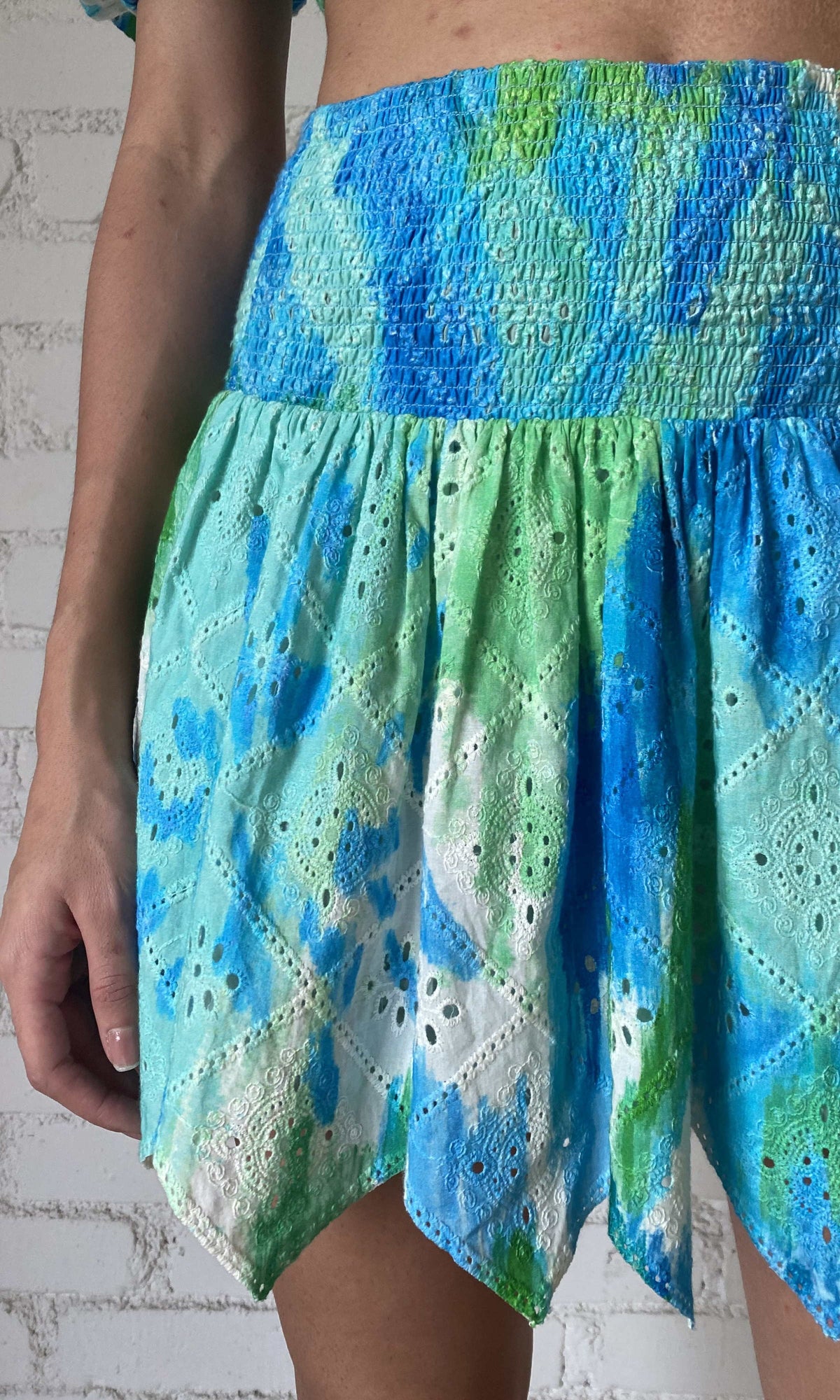 Hemant And Nandita | Vida Cotton Schiffly Mini Skirt | Blue Green