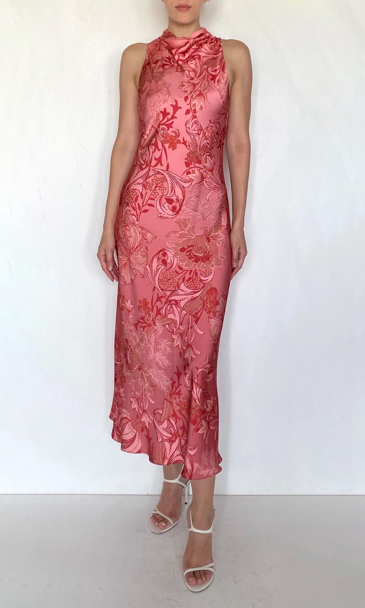 Hemant And Nandita | Vine Polyester Double Satin Cowl Midi Dress | Coral