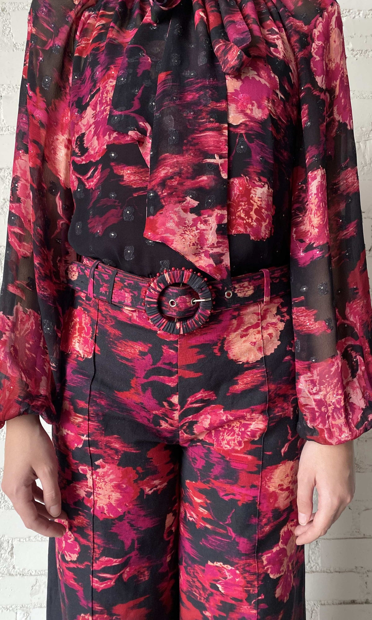 Hemant And Nandita | Zina Viscose Georgette Lurex Dobby Blouse With Slip | Black Magenta
