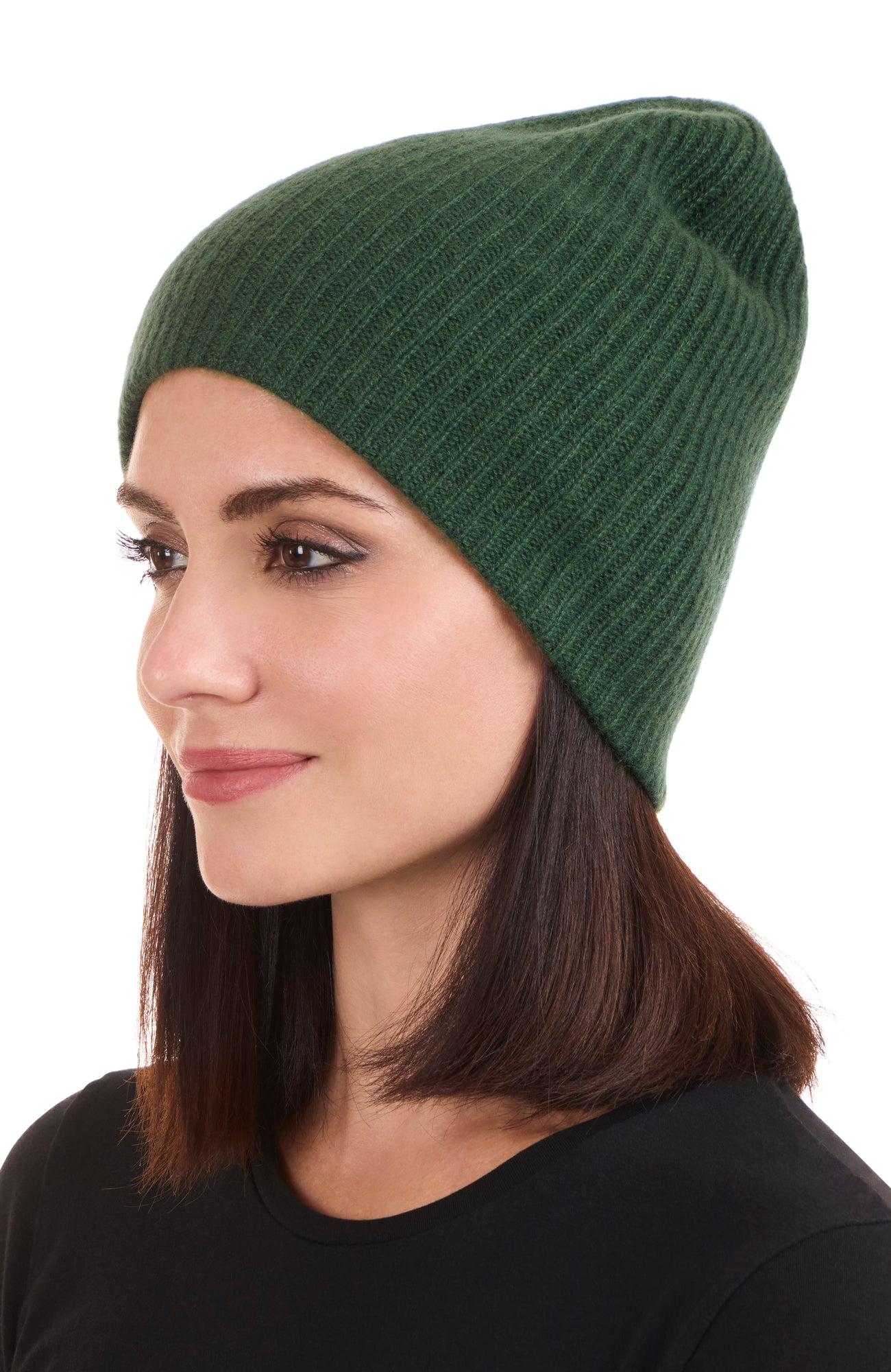 Amicale Cashmere | Women | Cashmere Rib Knit Double Layer Slouchy Hat | Green