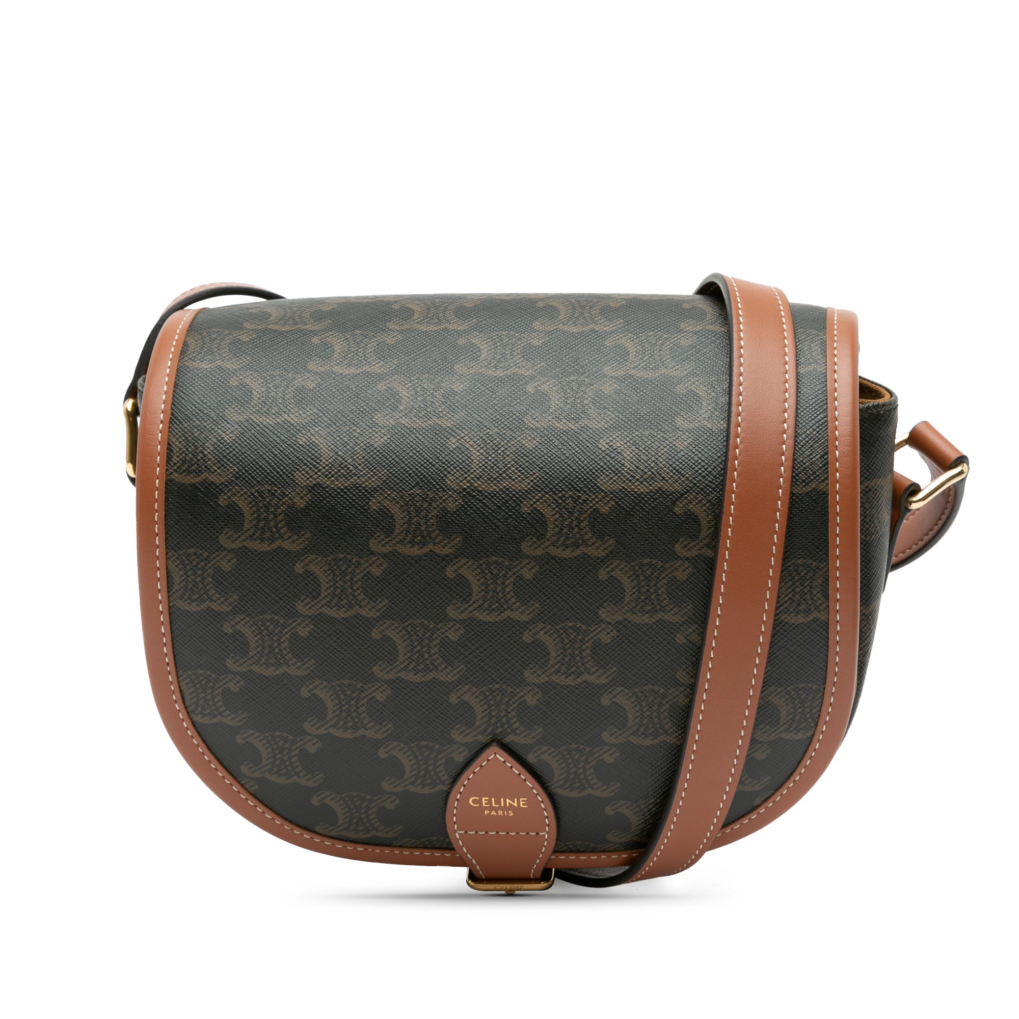 Celine | Pre-Owned Medium Triomphe Coated Canvas Folco Crossbody - I | Caramel/Dark Brown