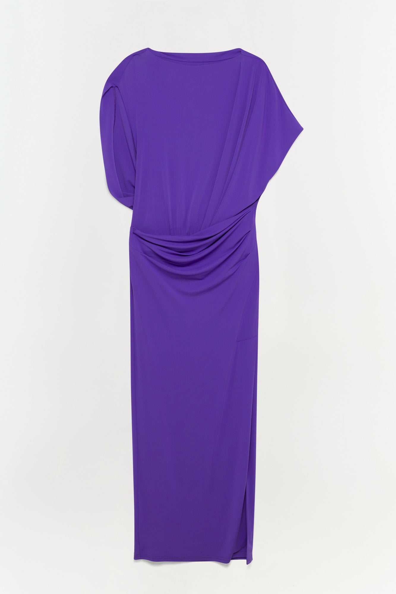 Purple floor-length gown with draped neckline and short flutter sleeves.