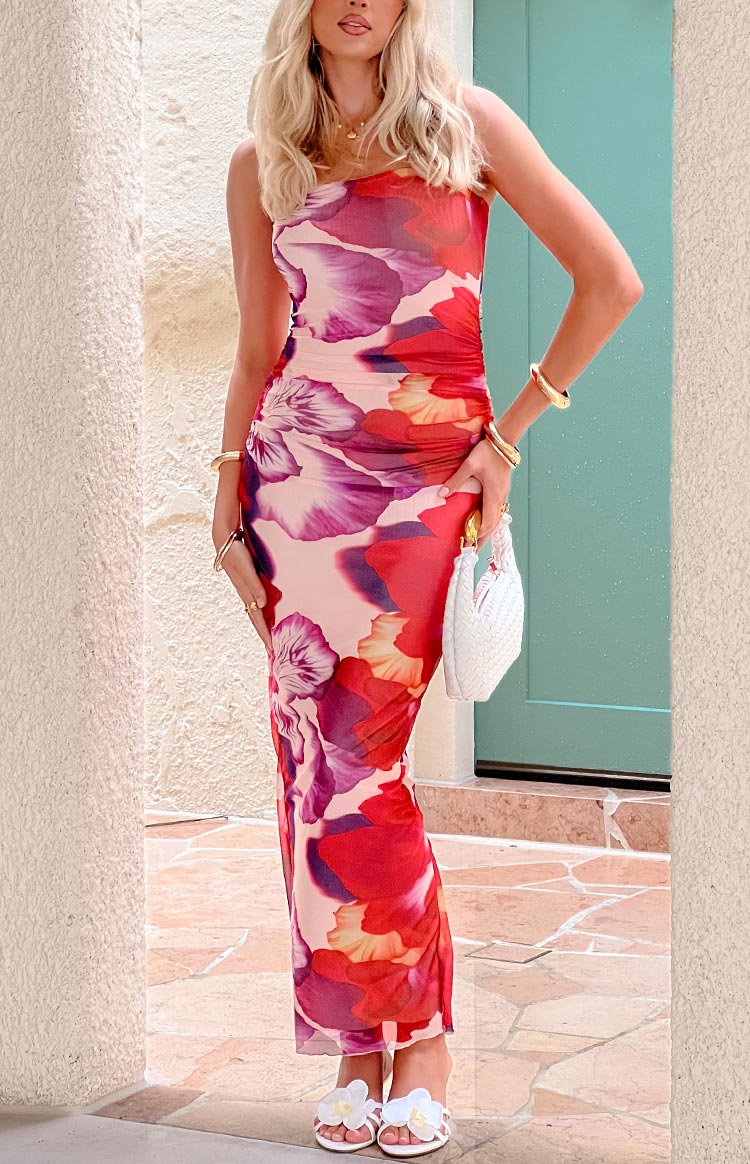 Imogen Floral Print Strapless Maxi Dress | Purple