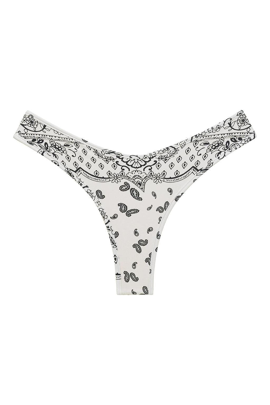 White bikini bottom with black bandana print and decorative ruffled waistband.