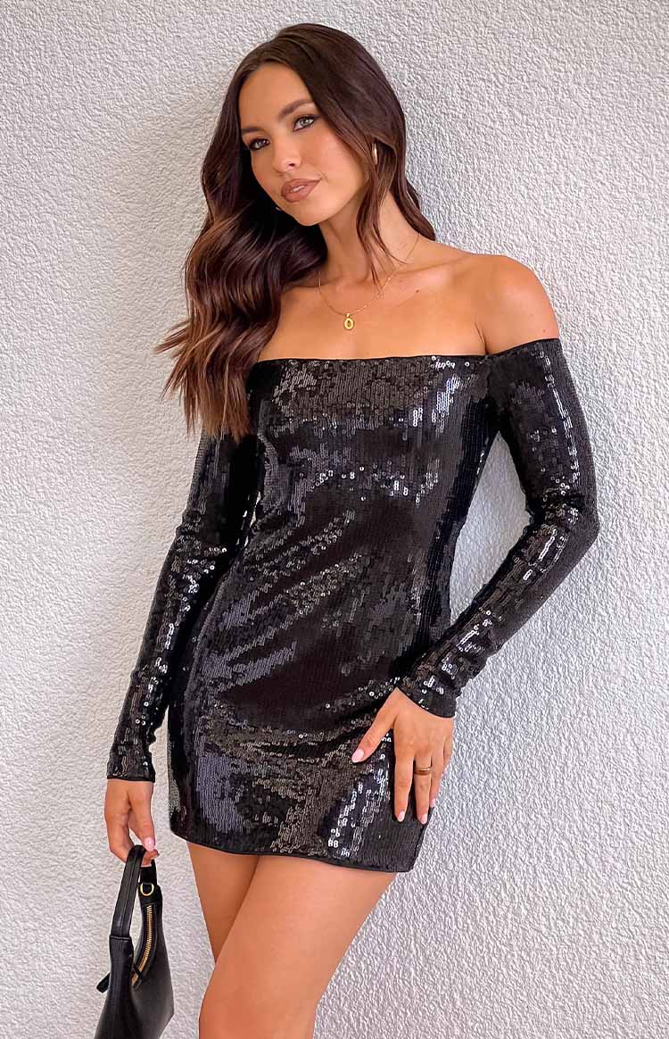 Jazmin Sequin Long Sleeve Mini Dress | Black