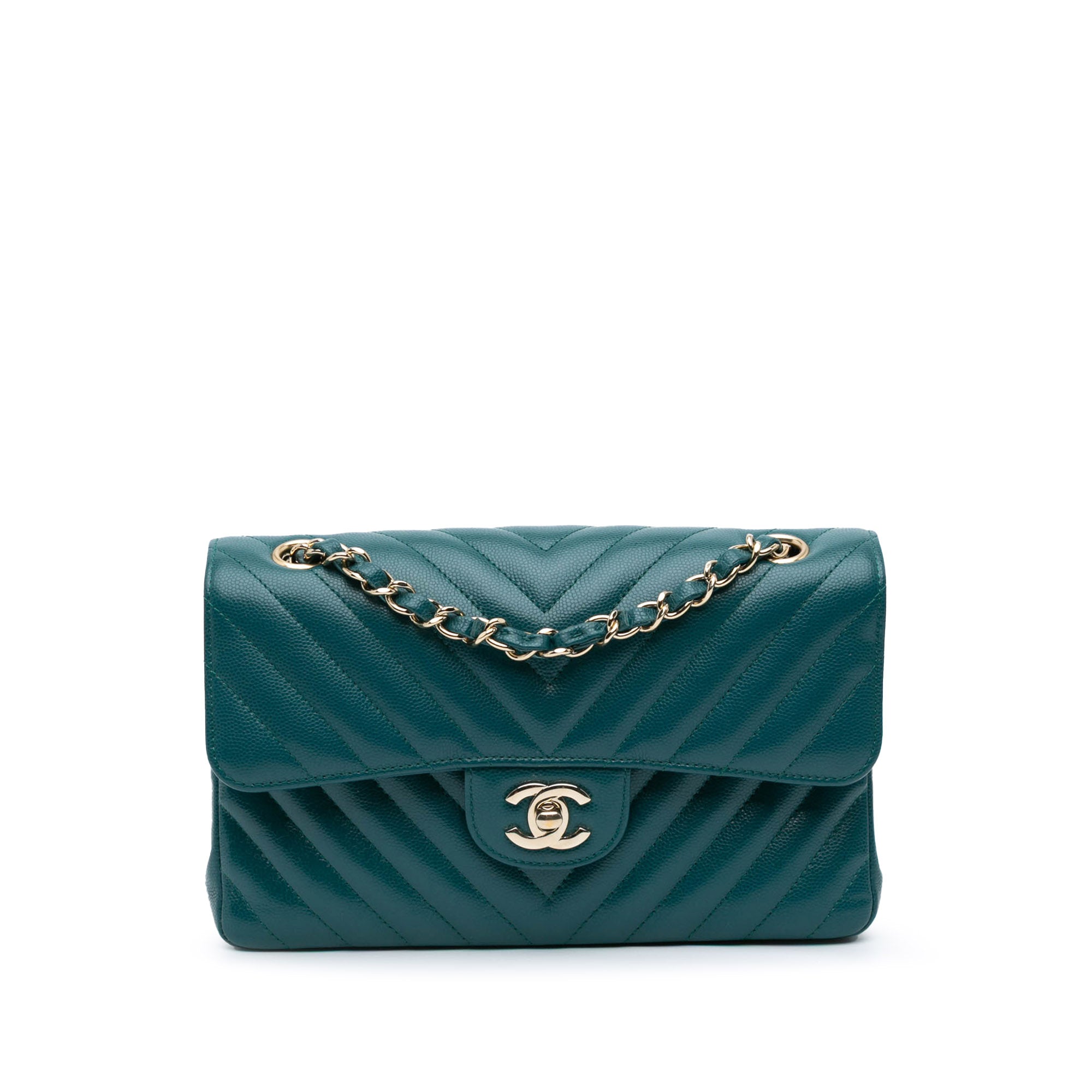 Chanel | Pre-Owned Small Classic Chevron Caviar Double Flap | Blue/Turquoise
