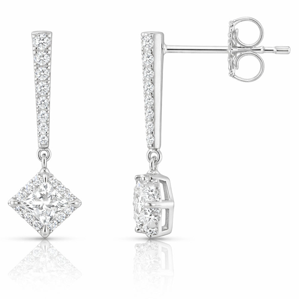 Womens | Dangle Drop Earrings | 14K White Gold | 0.70 CTW Princess Cut Lab Grown Diamond | F-VS