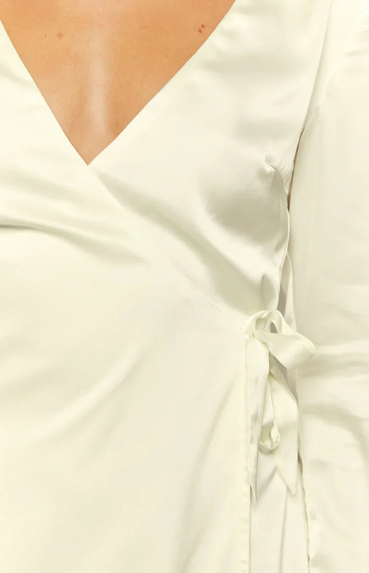 Kasya Satin Long Sleeve Mini Dress | Cream