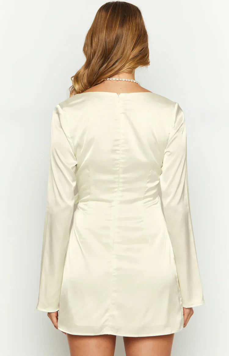 Kasya Satin Long Sleeve Mini Dress | Cream