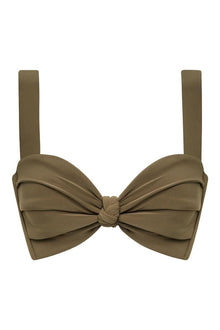 Khaki bikini top with bow-tie center detail and tall adjustable shoulder straps.