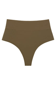 Khaki high-rise bikini bottom with full coverage and a wide waistband.