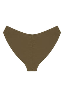 Khaki bikini bottom with high-waisted coverage and visible zig-zag stitching along the edges.