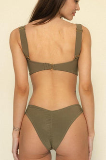 Khaki bikini top with adjustable shoulder straps and center back clasp closure, shown from behind.