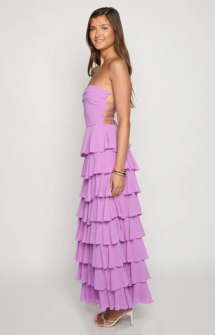 Kim Strapless Ruffle Prom Dress | Magenta