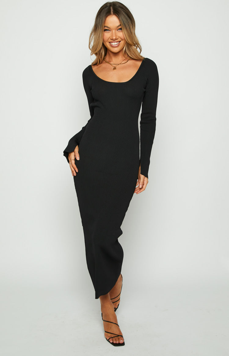 Beginning Boutique Kylie Black Maxi Dress black ribbed knit scoop neck bodycon maxi dress with long sleeves and thumbholes
